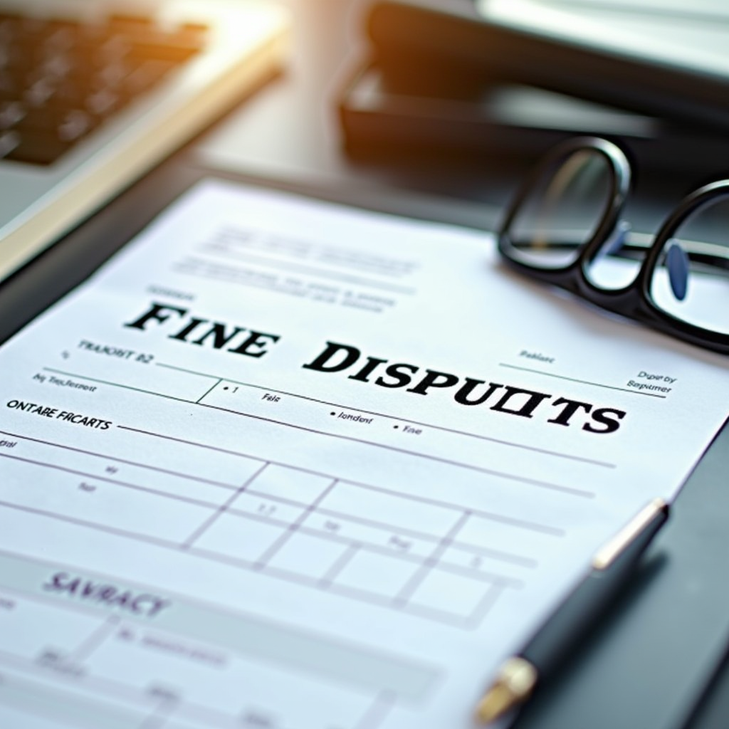 Document officiel de contestation d'amende posé sur un bureau avec un stylo et des lunettes, ambiance professionnelle et administrative, éclairage naturel