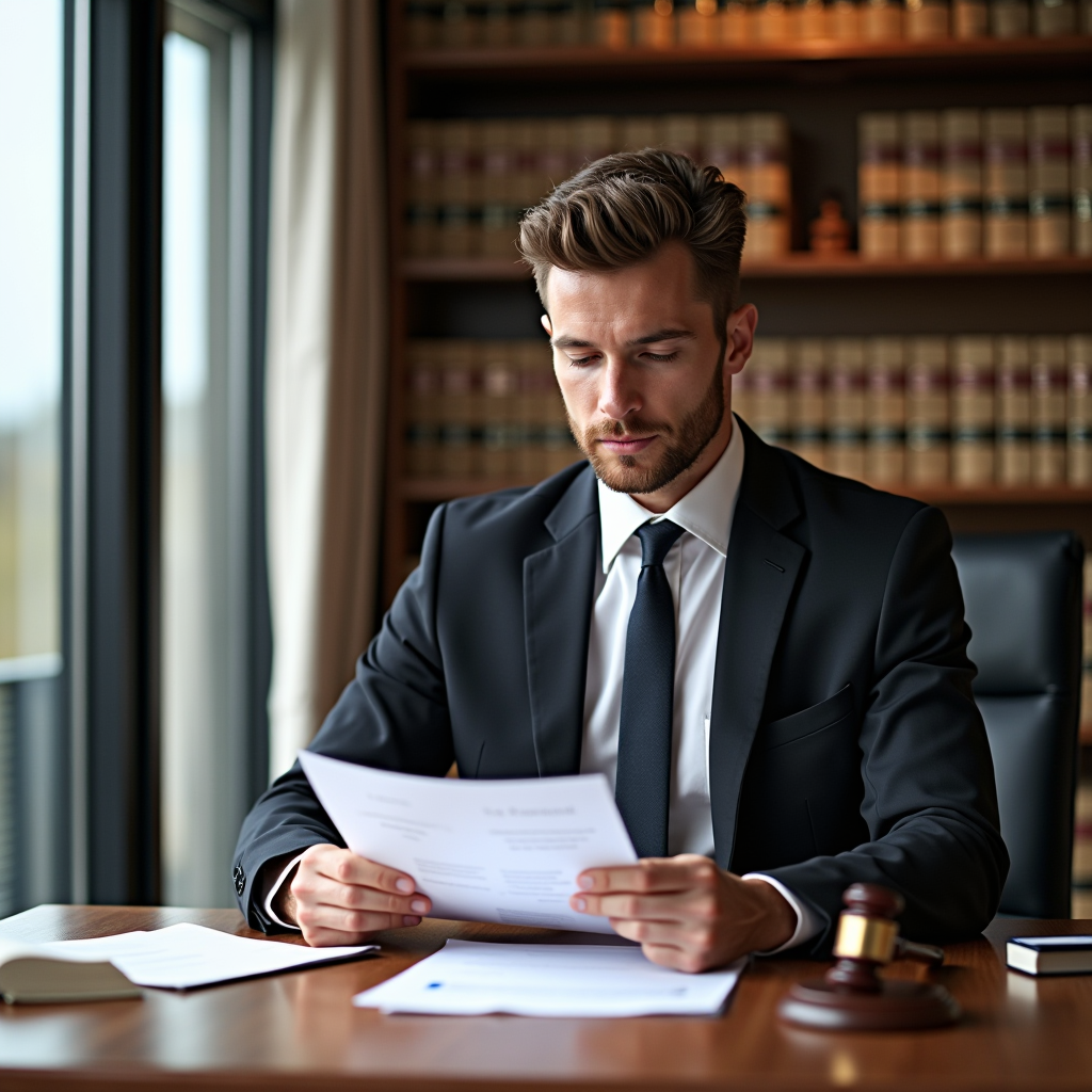 Bureau de consultation juridique moderne avec avocat spécialisé en droit routier examinant des documents légaux, ambiance professionnelle avec bibliothèque de droit en arrière-plan, éclairage naturel, style corporatif élégant