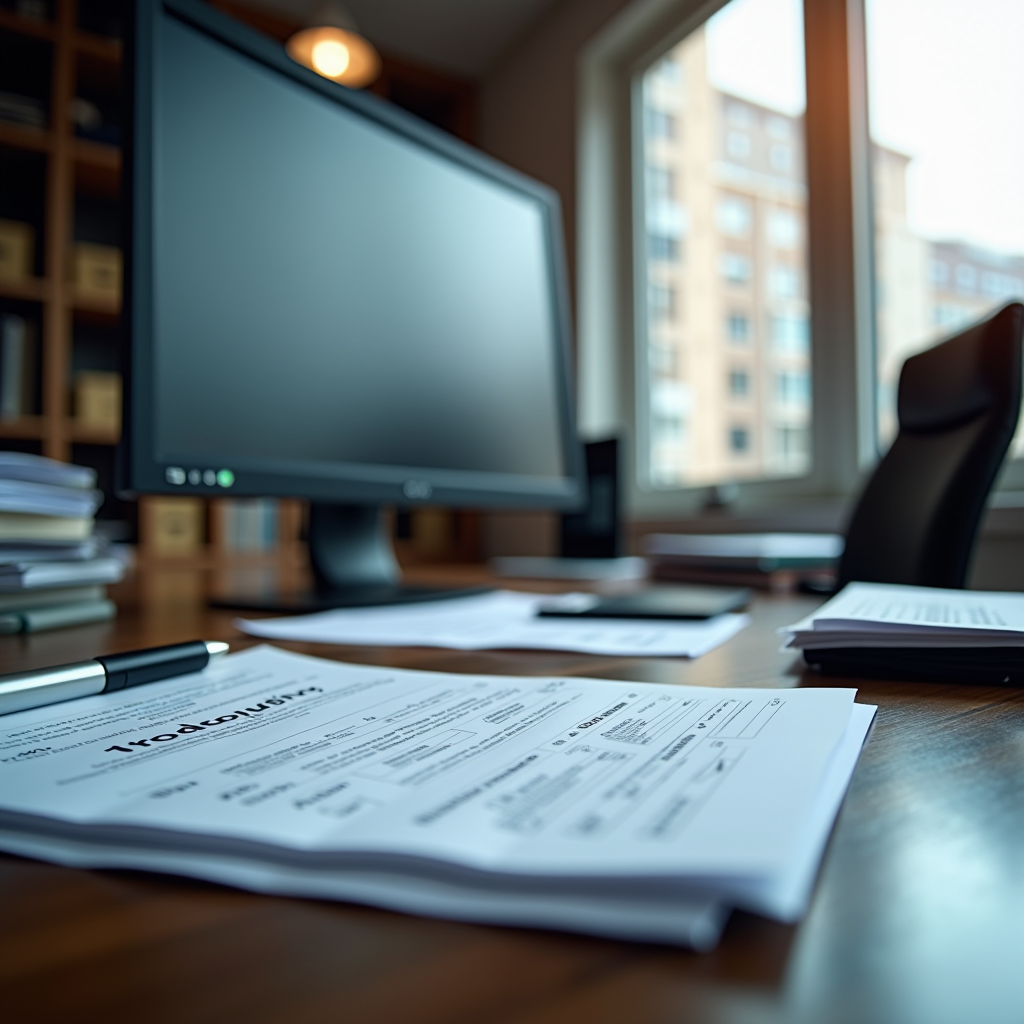 Bureau professionnel avec documents administratifs, dossiers organisés et ordinateur moderne pour la gestion des démarches d'infractions routières