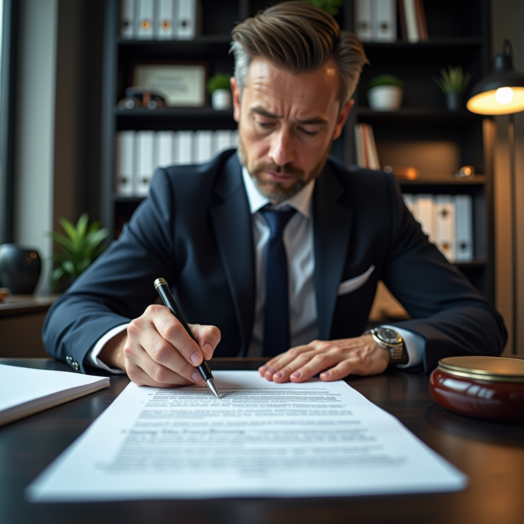 Juriste professionnel rédigeant une lettre de contestation d'amende dans un bureau moderne avec des codes juridiques et documents officiels sur le bureau