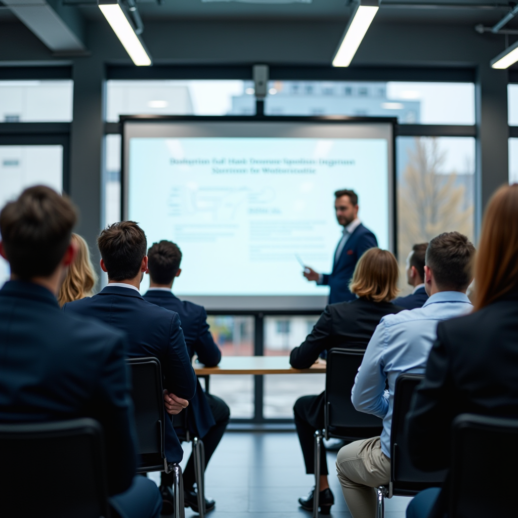 Salle de formation moderne avec des participants attentifs lors d'un stage de sensibilisation à la sécurité routière, instructeur professionnel devant un tableau blanc, ambiance éducative et sérieuse