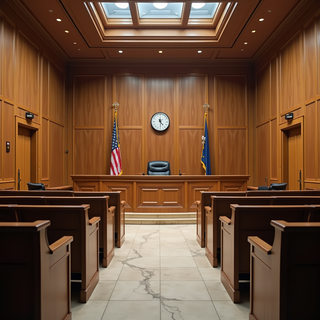 Salle d'audience administrative moderne avec bancs en bois, estrade du juge, et éclairage professionnel, représentant un tribunal administratif français