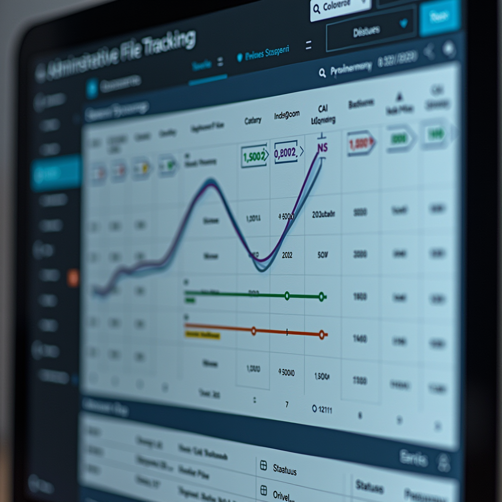 Tableau de suivi de dossiers administratifs avec étapes de progression, dates clés et statuts mis à jour en temps réel